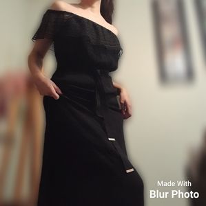 Off-the-shoulder maxi dress.